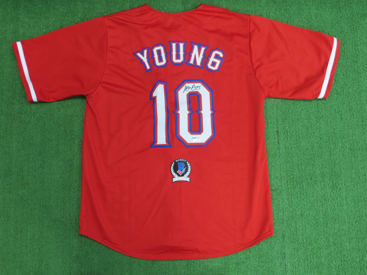 MICHAEL YOUNG TEXAS RANGERS SIGNED RED JERSEY size XL BAS COA