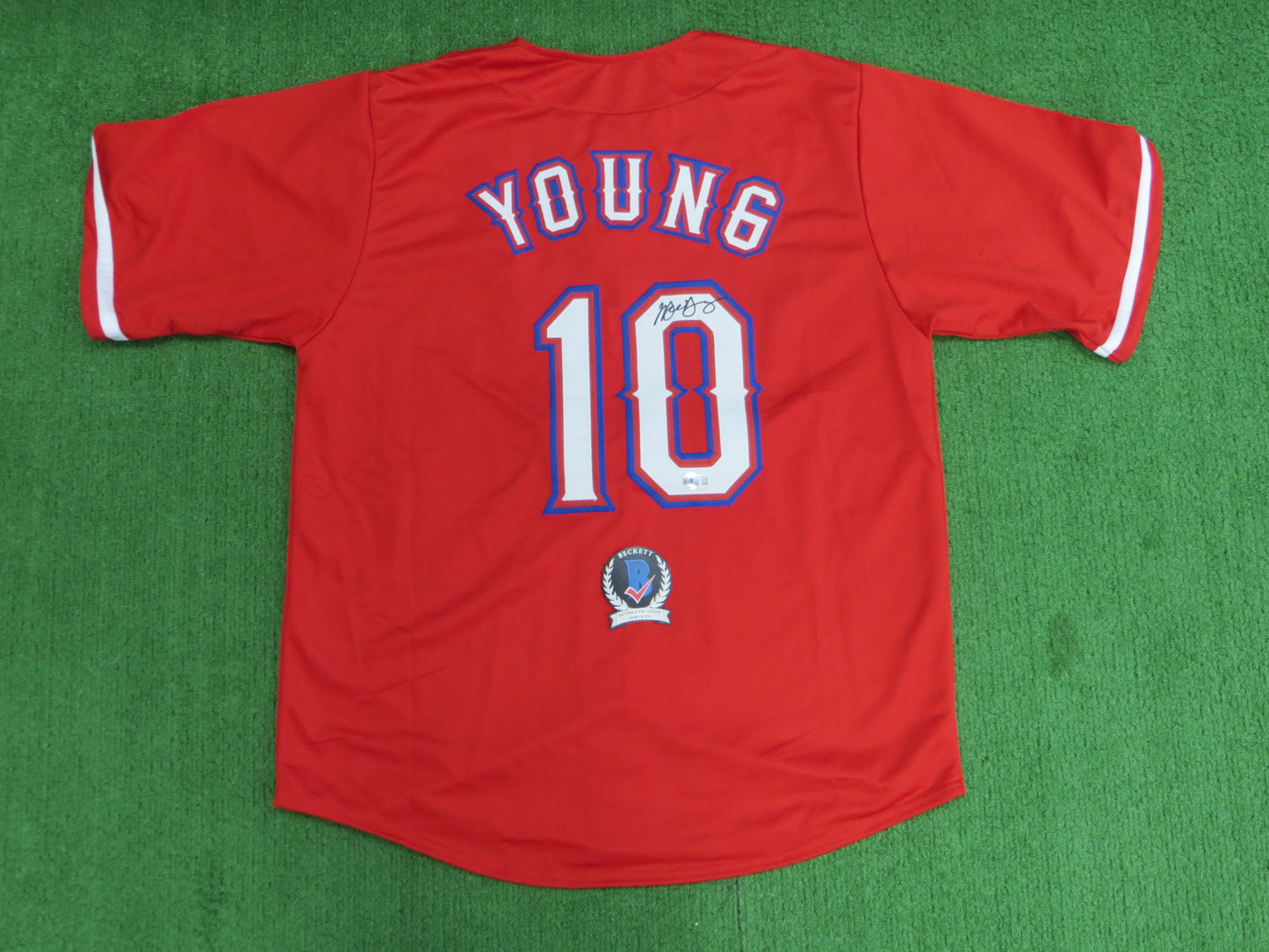 MICHAEL YOUNG TEXAS RANGERS SIGNED RED JERSEY size XL BAS COA