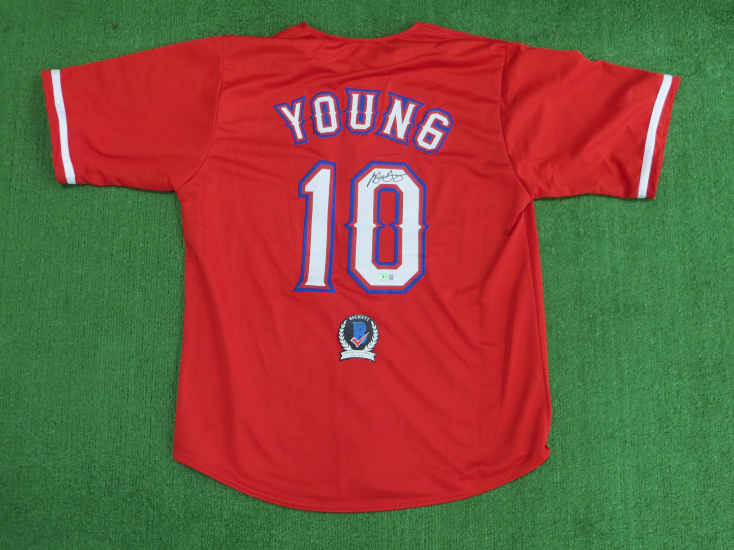 MICHAEL YOUNG TEXAS RANGERS SIGNED RED JERSEY size XL BAS COA