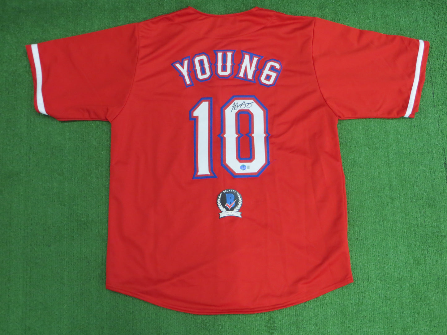 MICHAEL YOUNG TEXAS RANGERS SIGNED RED JERSEY size XL BAS COA