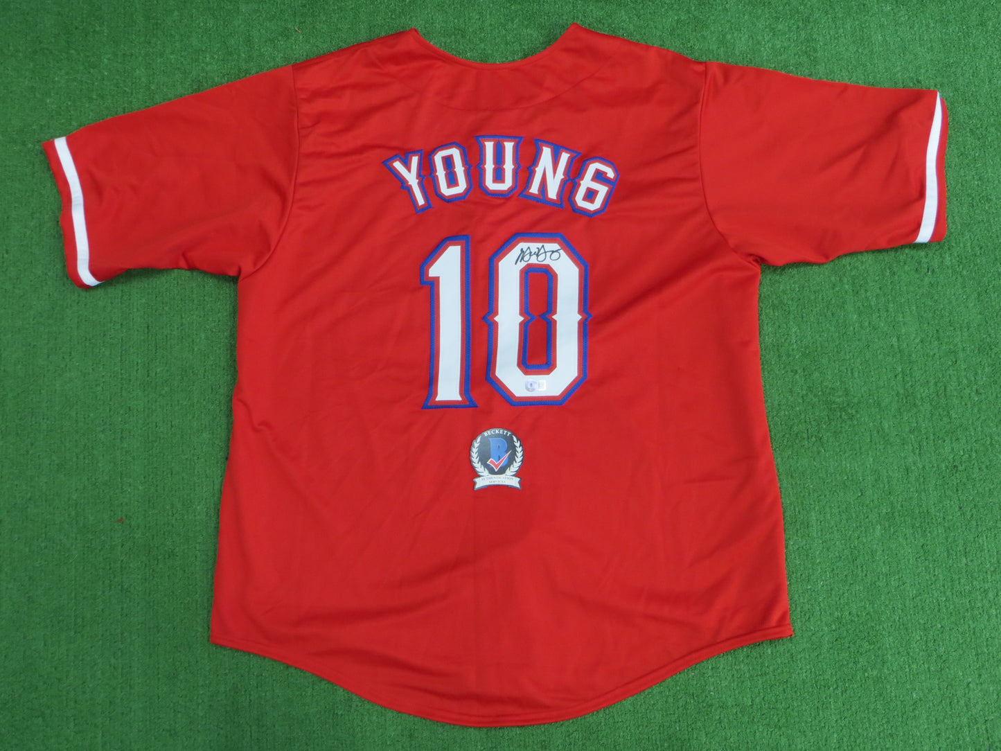 MICHAEL YOUNG TEXAS RANGERS SIGNED RED JERSEY size 3XL BAS COA
