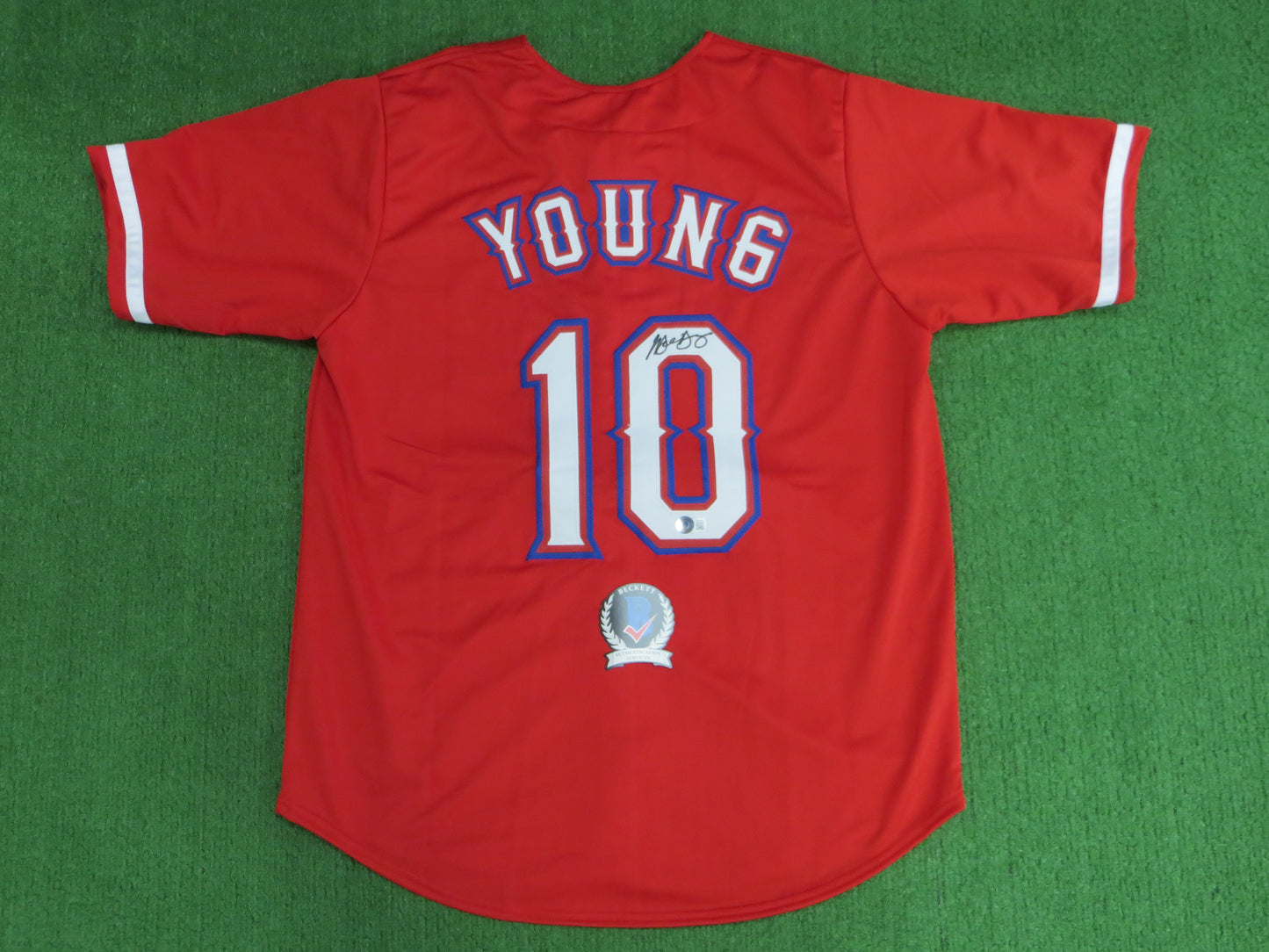 MICHAEL YOUNG TEXAS RANGERS SIGNED RED JERSEY size L BAS COA