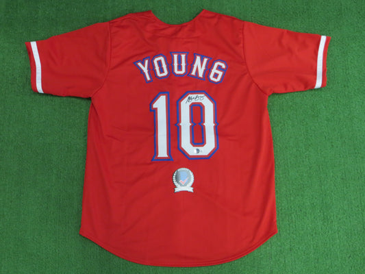 MICHAEL YOUNG TEXAS RANGERS SIGNED RED JERSEY size L BAS COA