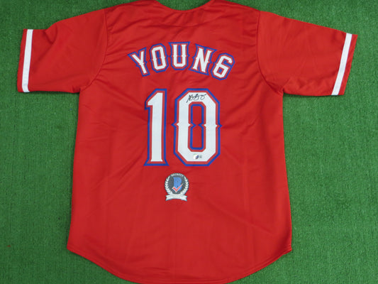 MICHAEL YOUNG TEXAS RANGERS SIGNED RED JERSEY size L BAS COA