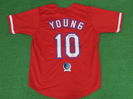 MICHAEL YOUNG TEXAS RANGERS SIGNED RED JERSEY size L BAS COA