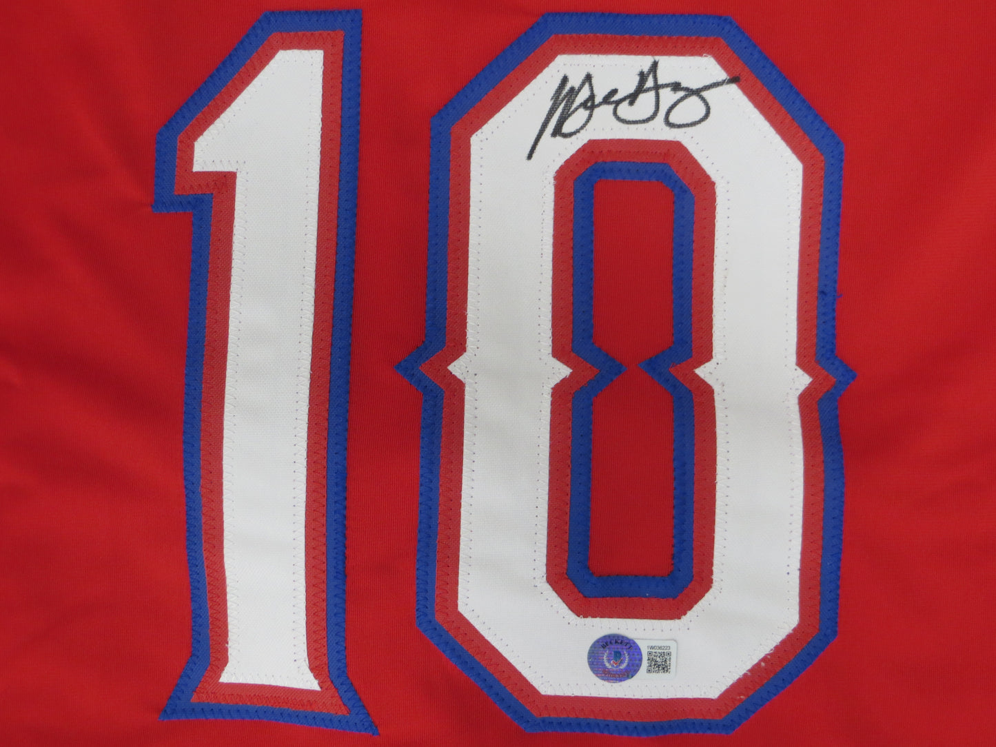 MICHAEL YOUNG TEXAS RANGERS SIGNED RED JERSEY size L BAS COA