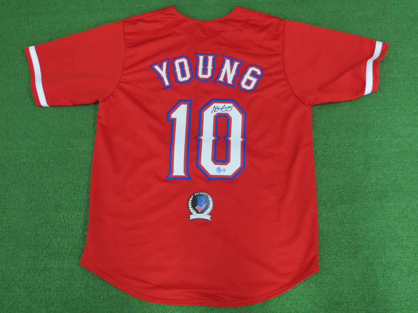 MICHAEL YOUNG TEXAS RANGERS SIGNED RED JERSEY size L BAS COA