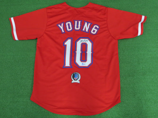 MICHAEL YOUNG TEXAS RANGERS SIGNED RED JERSEY size L BAS COA