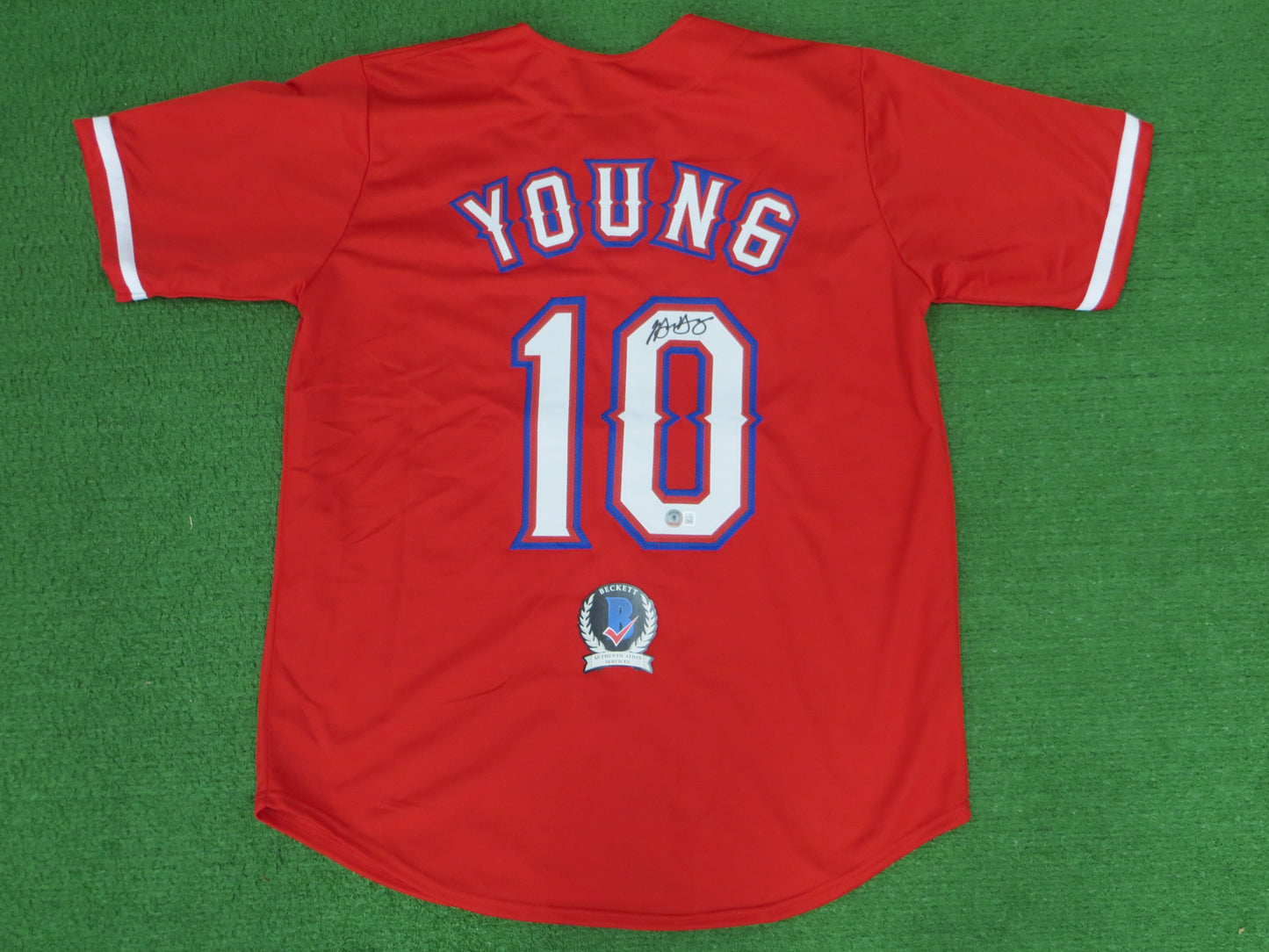 MICHAEL YOUNG TEXAS RANGERS SIGNED RED JERSEY size M BAS COA