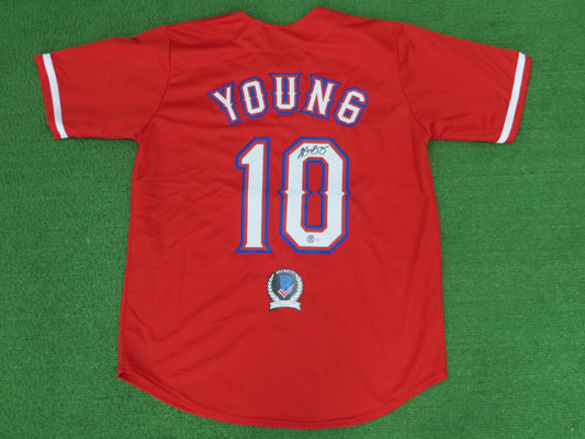MICHAEL YOUNG TEXAS RANGERS SIGNED RED JERSEY size M BAS COA