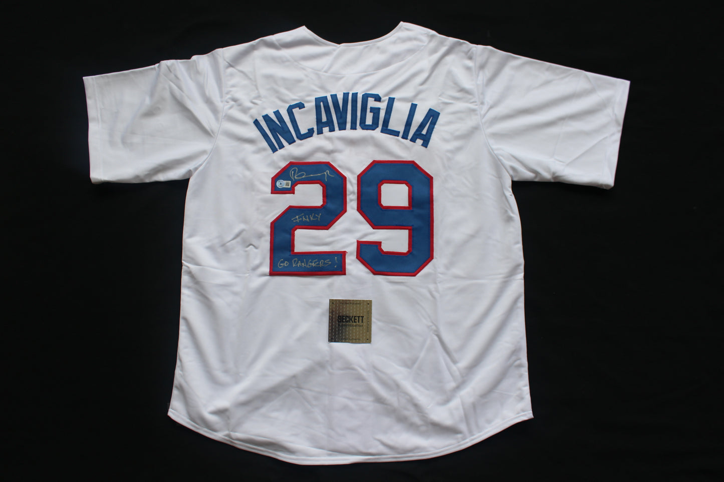 PETE INCAVIGLIA RANGERS WHITE #29 "INKY" "GO RANGERS !"