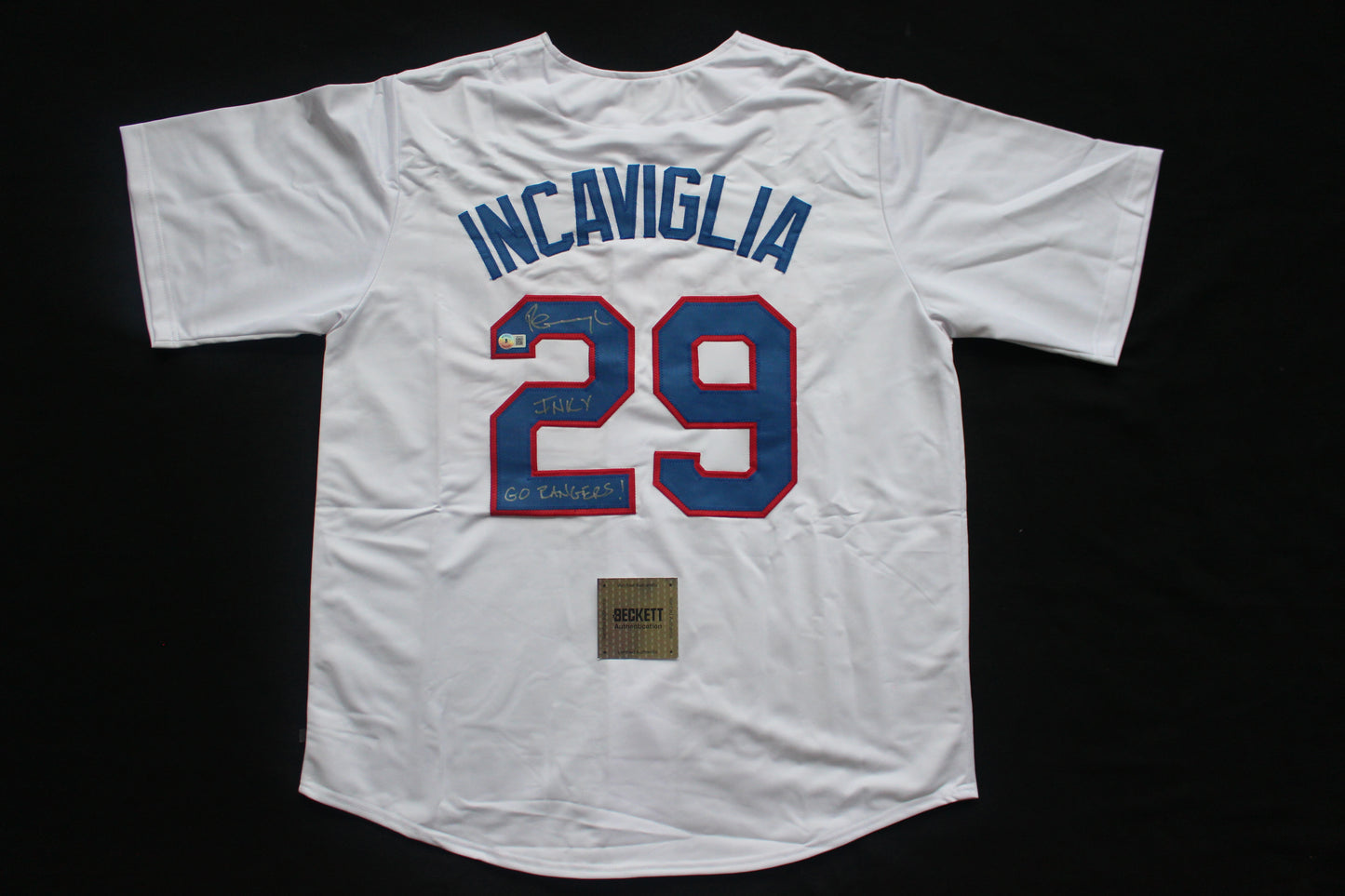 PETE INCAVIGLIA RANGERS WHITE #29 "INKY" "GO RANGERS !"