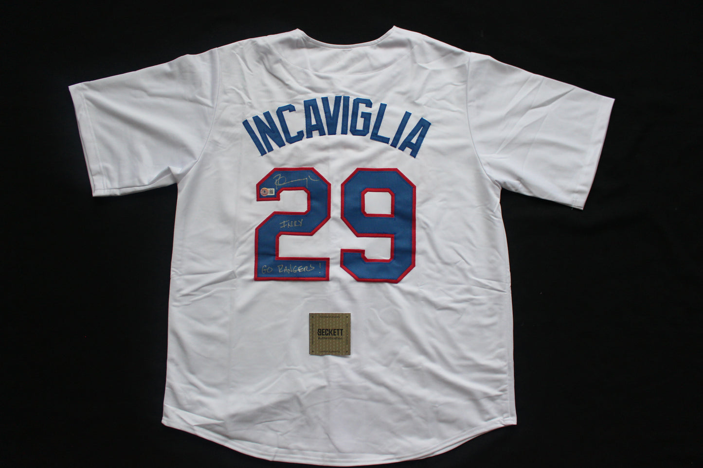 PETE INCAVIGLIA RANGERS WHITE #29 "INKY" "GO RANGERS !"