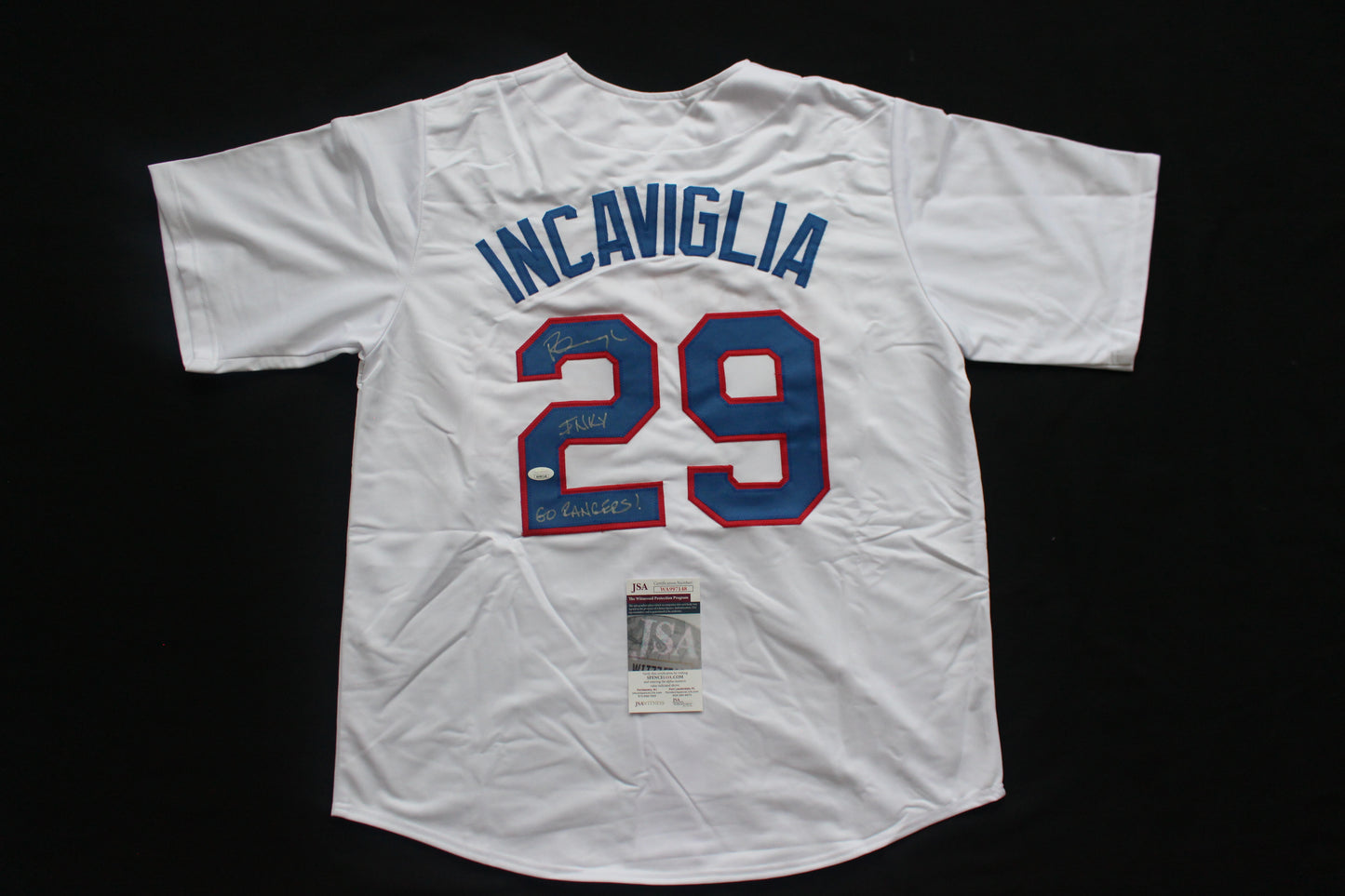 PETE INCAVIGLIA RANGERS WHITE #29 "INKY" "GO RANGERS !" JSA