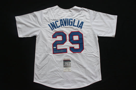 PETE INCAVIGLIA RANGERS WHITE #29 "INKY" "GO RANGERS !" JSA