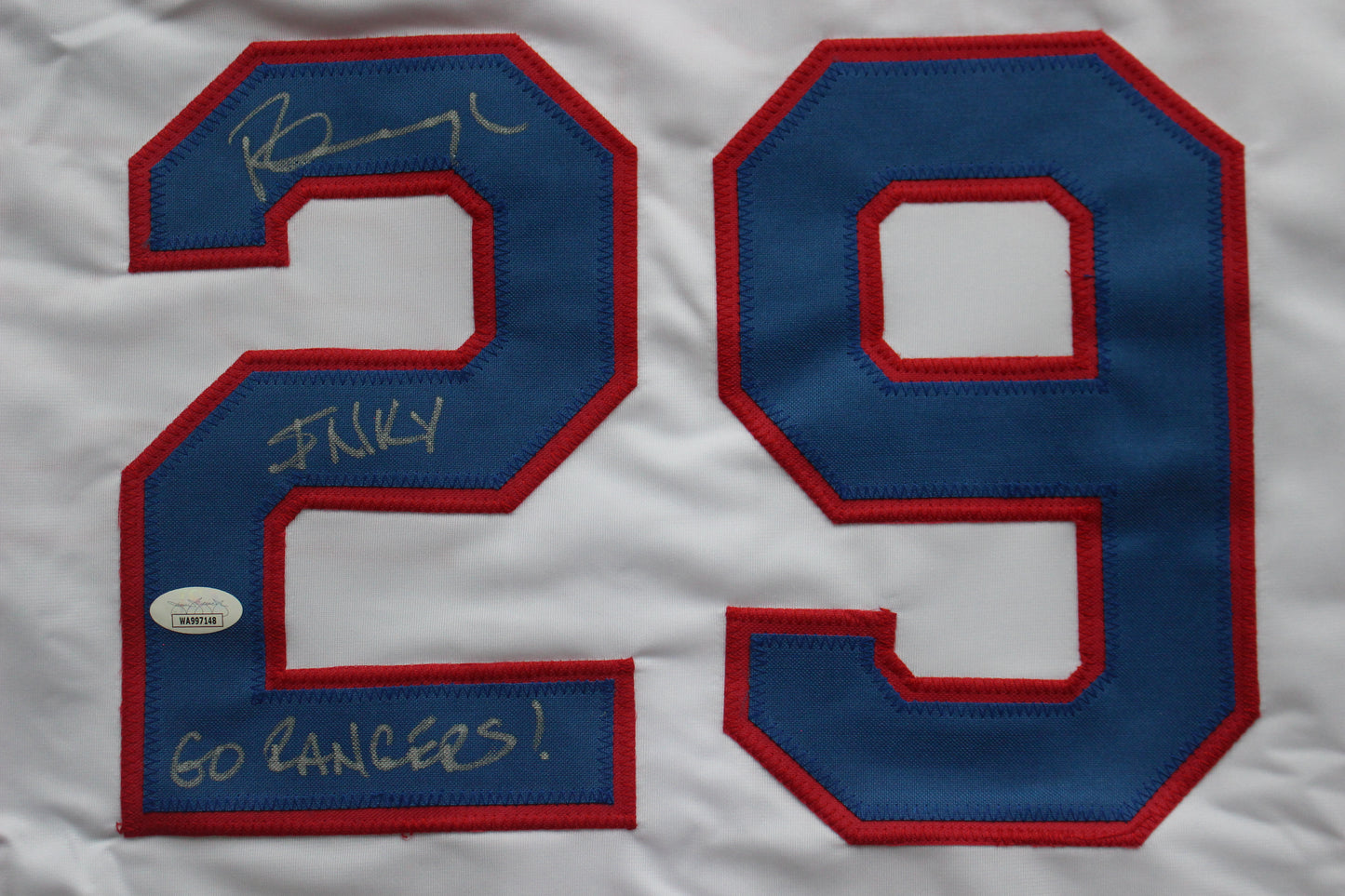 PETE INCAVIGLIA RANGERS WHITE #29 "INKY" "GO RANGERS !" JSA