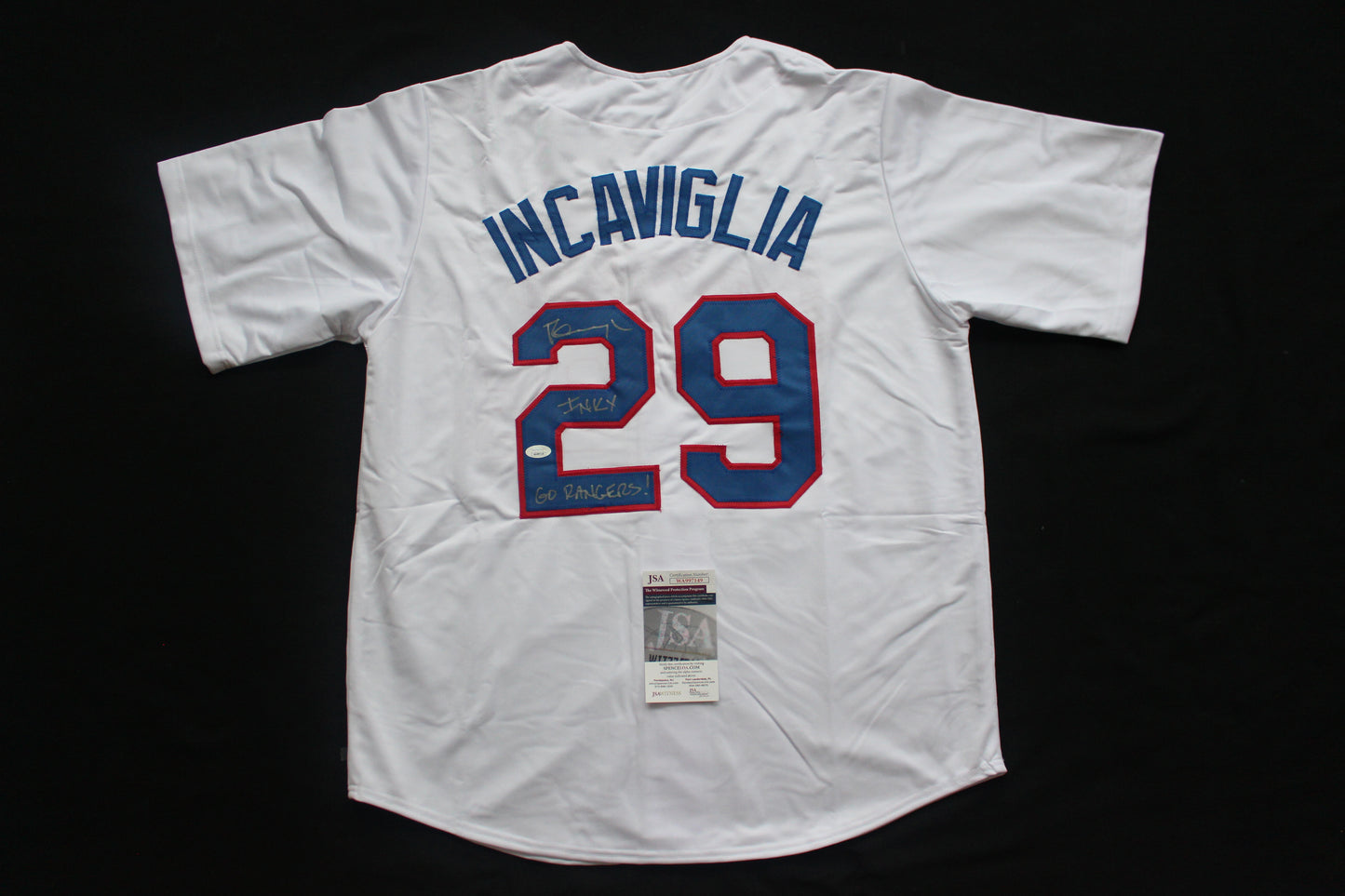 PETE INCAVIGLIA RANGERS WHITE #29 "INKY" "GO RANGERS !" JSA