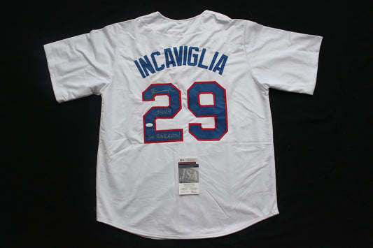PETE INCAVIGLIA RANGERS WHITE #29 "INKY" "GO RANGERS !" JSA