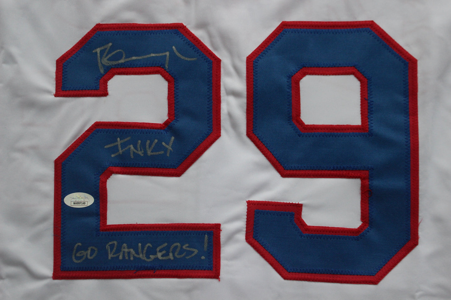 PETE INCAVIGLIA RANGERS WHITE #29 "INKY" "GO RANGERS !" JSA