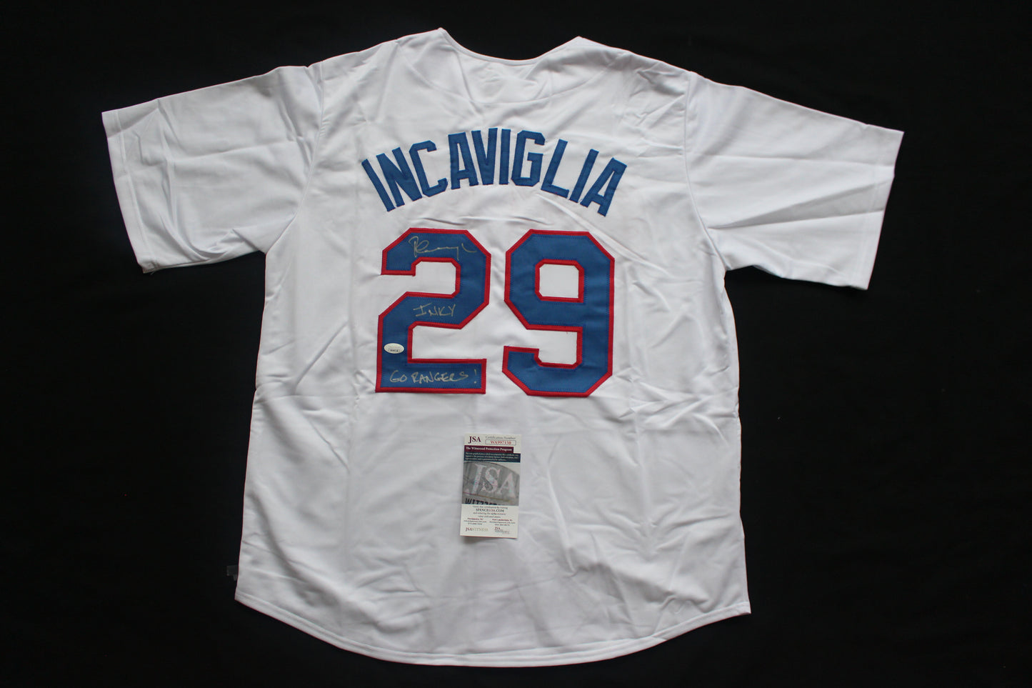 PETE INCAVIGLIA RANGERS WHITE #29 "INKY" "GO RANGERS !" JSA