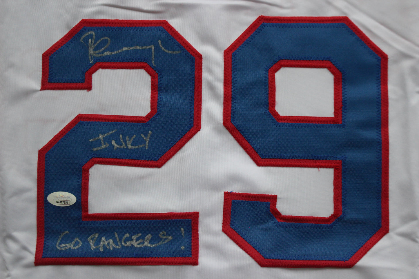 PETE INCAVIGLIA RANGERS WHITE #29 "INKY" "GO RANGERS !" JSA