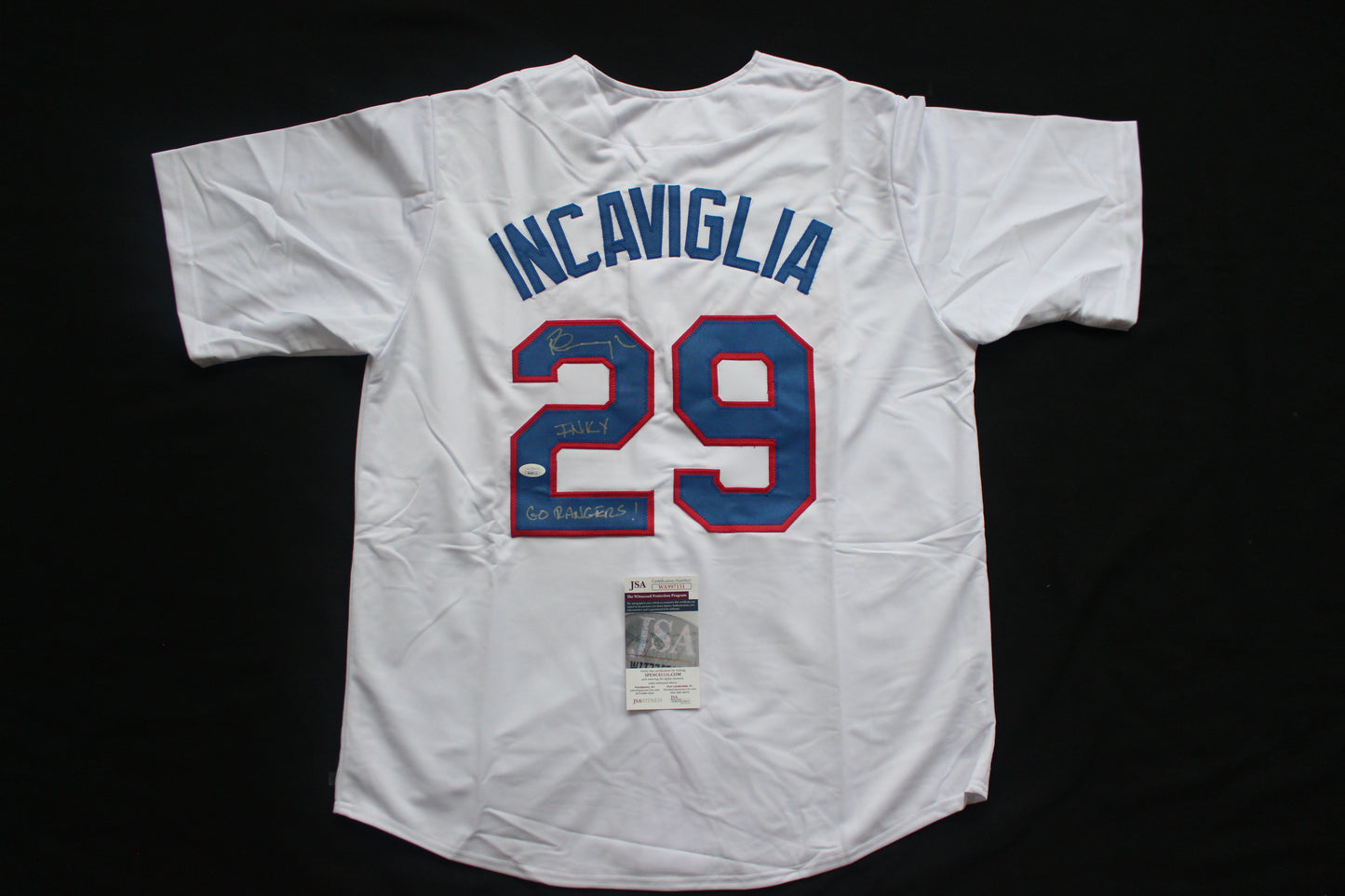 PETE INCAVIGLIA RANGERS WHITE #29 "INKY" "GO RANGERS !" JSA