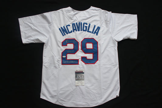 PETE INCAVIGLIA RANGERS WHITE #29 "INKY" "GO RANGERS !" JSA