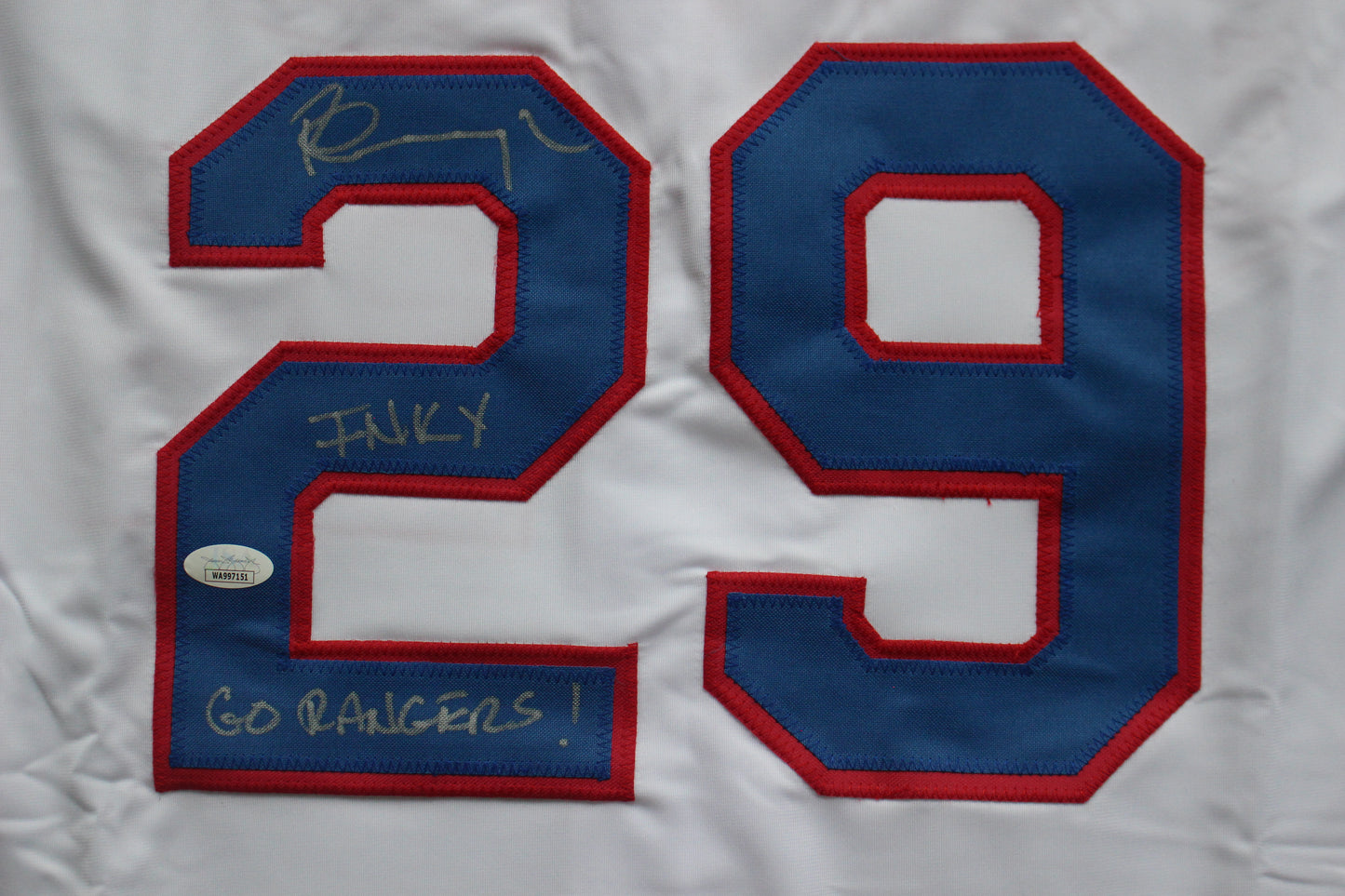 PETE INCAVIGLIA RANGERS WHITE #29 "INKY" "GO RANGERS !" JSA