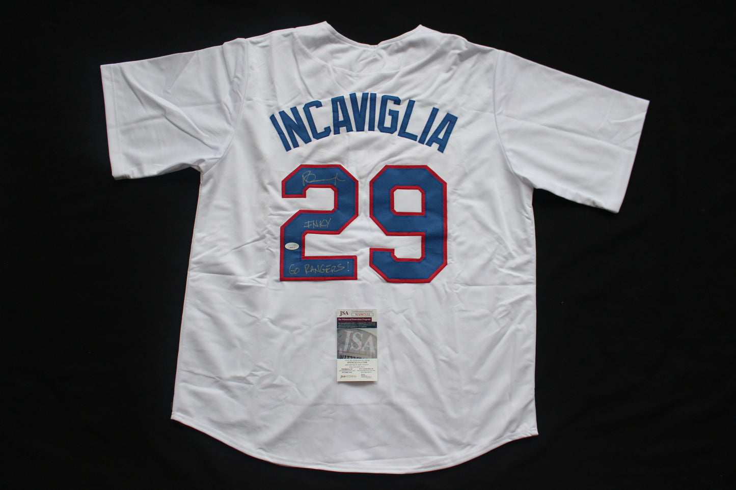 PETE INCAVIGLIA RANGERS WHITE #29 "INKY" "GO RANGERS !" JSA