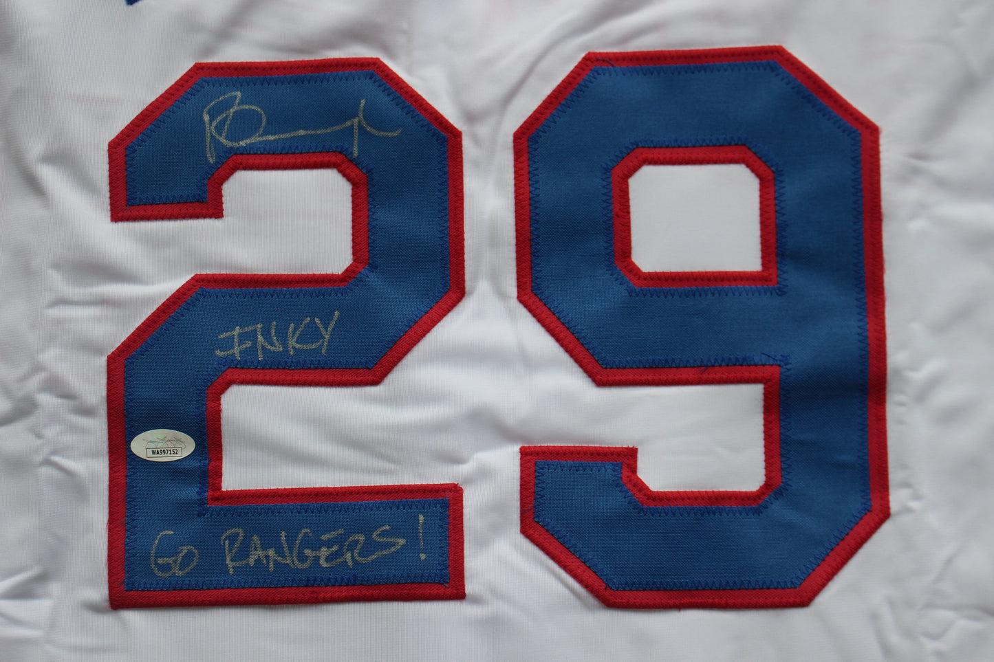 PETE INCAVIGLIA RANGERS WHITE #29 "INKY" "GO RANGERS !" JSA