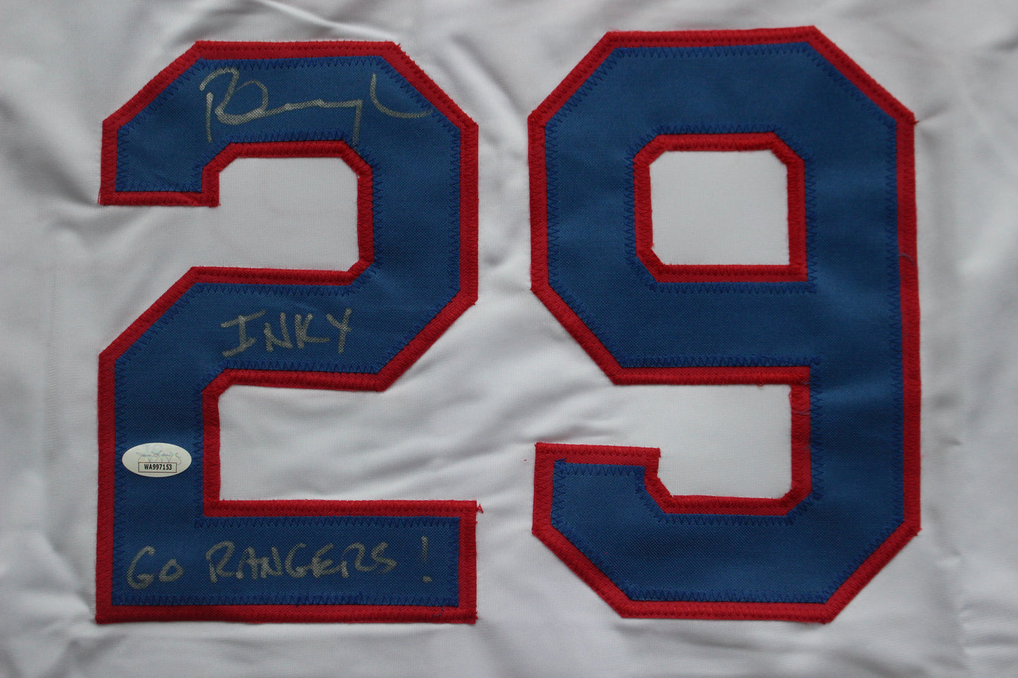 PETE INCAVIGLIA RANGERS WHITE #29 "INKY" "GO RANGERS !" JSA