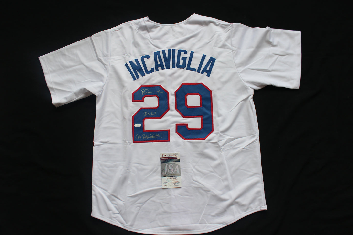 PETE INCAVIGLIA RANGERS WHITE #29 "INKY" "GO RANGERS !" JSA
