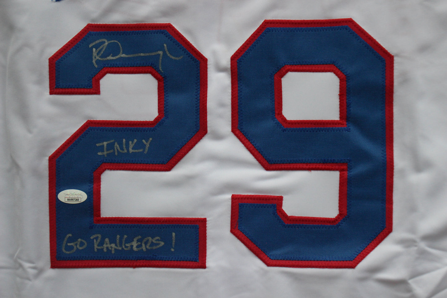 PETE INCAVIGLIA RANGERS WHITE #29 "INKY" "GO RANGERS !" JSA