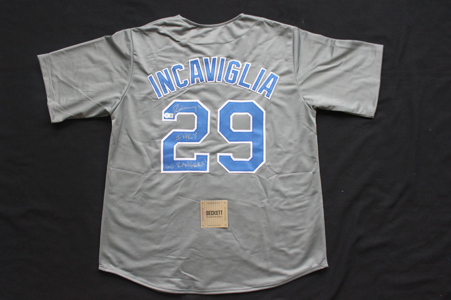 PETE INCAVIGLIA RANGERS GRAY #29 "INKY" "GO RANGERS !"