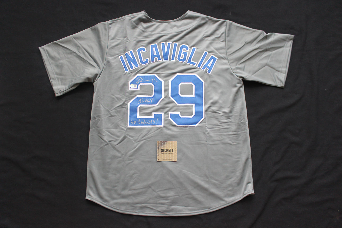 PETE INCAVIGLIA RANGERS GRAY #29 "INKY" "GO RANGERS !"