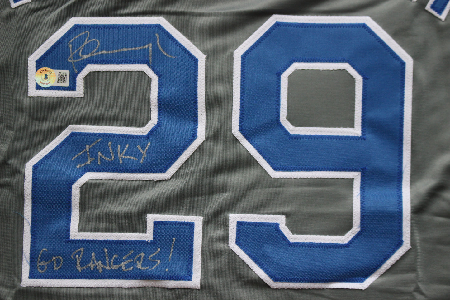 PETE INCAVIGLIA RANGERS GRAY #29 "INKY" "GO RANGERS !"