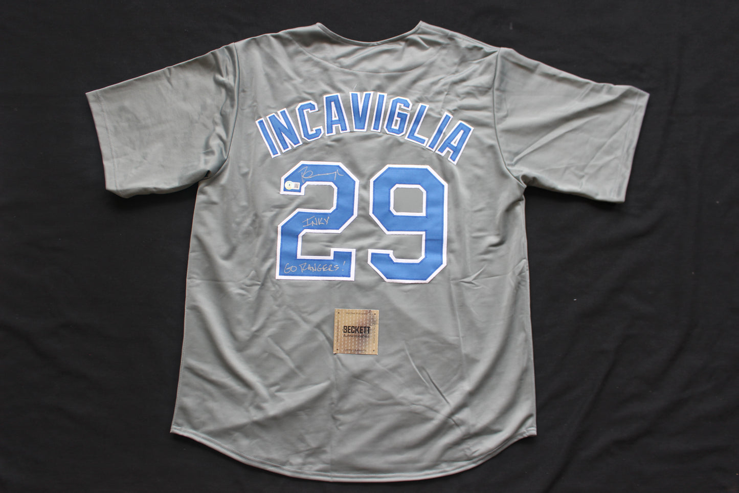 PETE INCAVIGLIA RANGERS GRAY #29 "INKY" "GO RANGERS !"