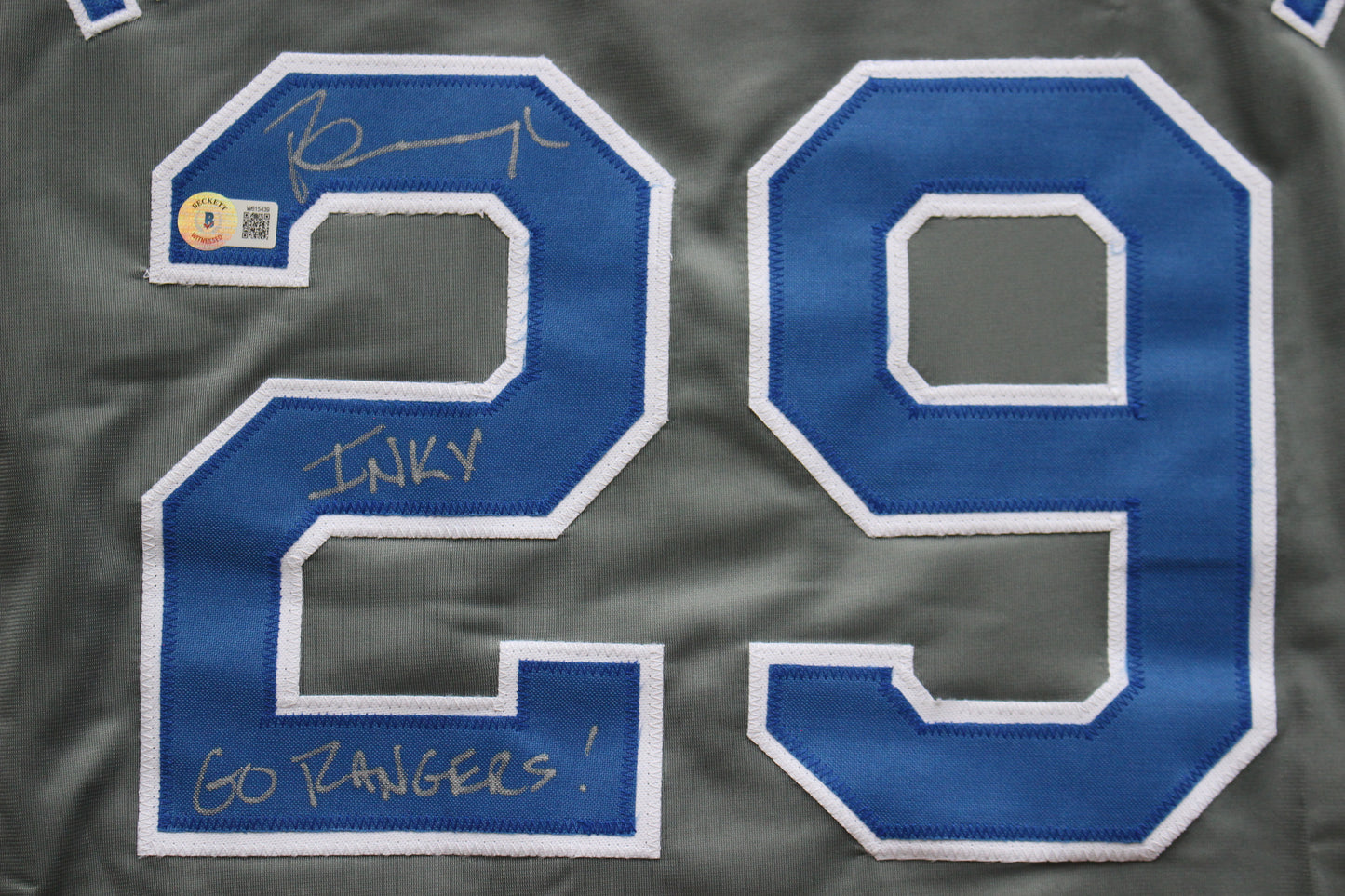PETE INCAVIGLIA RANGERS GRAY #29 "INKY" "GO RANGERS !"