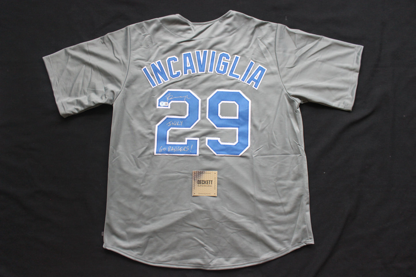 PETE INCAVIGLIA RANGERS GRAY #29 "INKY" "GO RANGERS !"