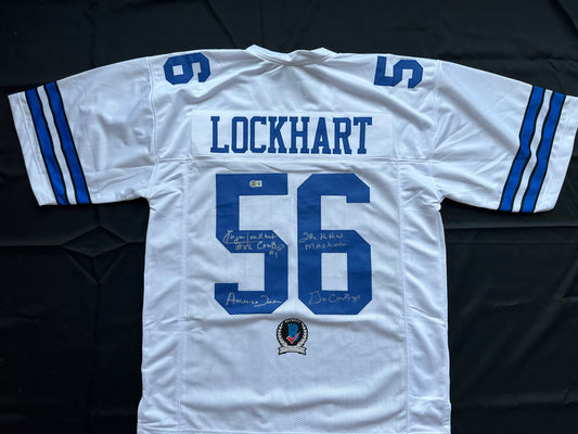 EUGENE LOCKHART DALLAS COWBOYS SIGNED WHITE JERSEY w/MULTI INSCs 2XL BAS