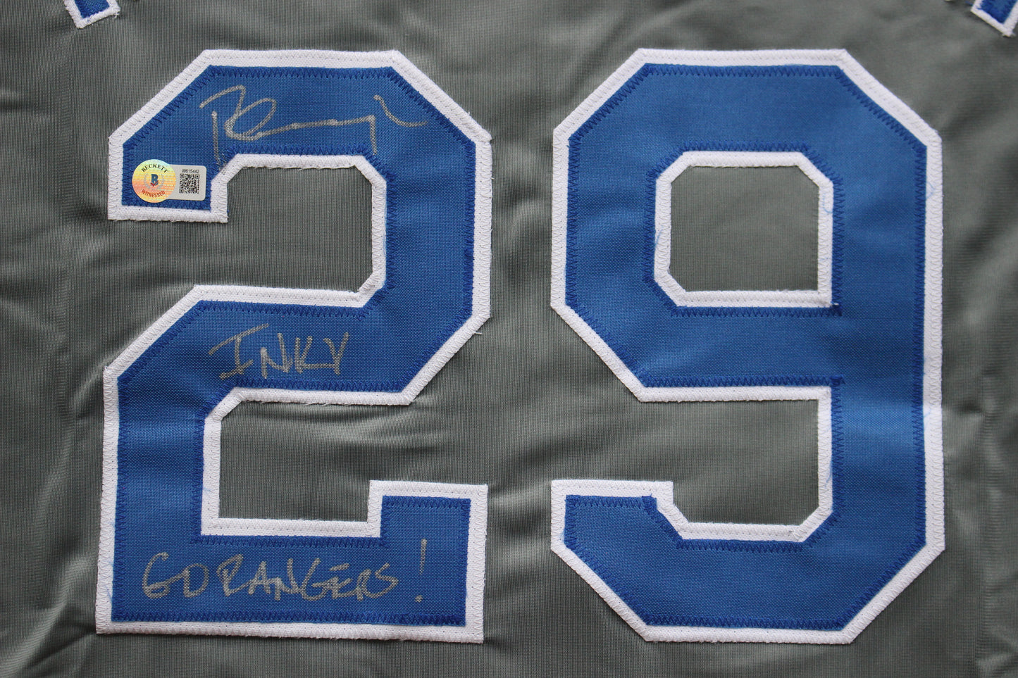 PETE INCAVIGLIA RANGERS GRAY #29 "INKY" "GO RANGERS !"