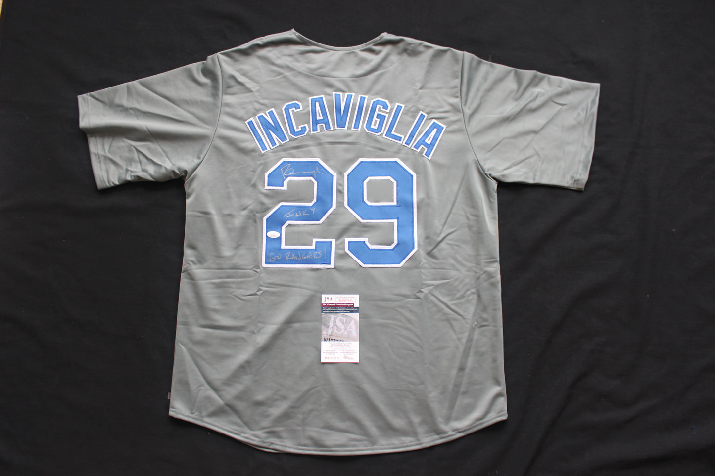 PETE INCAVIGLIA RANGERS GRAY #29 "INKY" "GO RANGERS !" JSA