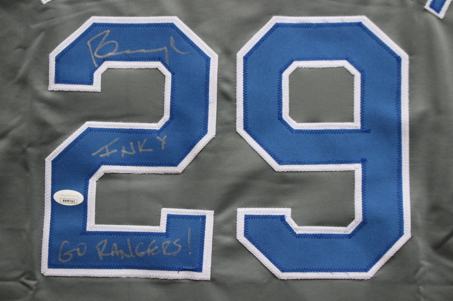 PETE INCAVIGLIA RANGERS GRAY #29 "INKY" "GO RANGERS !" JSA