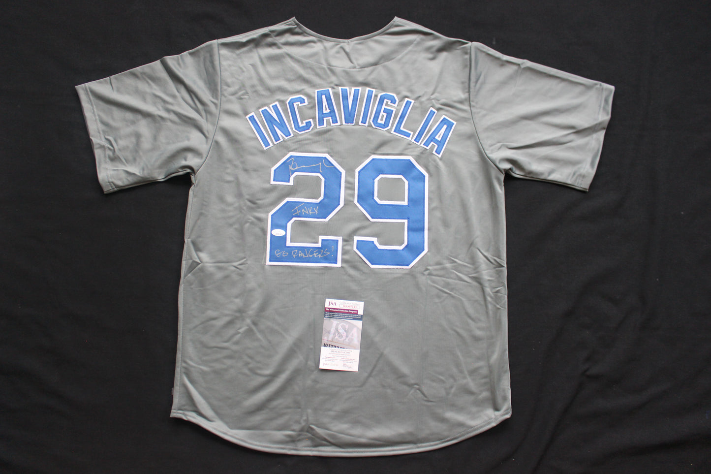 PETE INCAVIGLIA RANGERS GRAY #29 "INKY" "GO RANGERS !" JSA