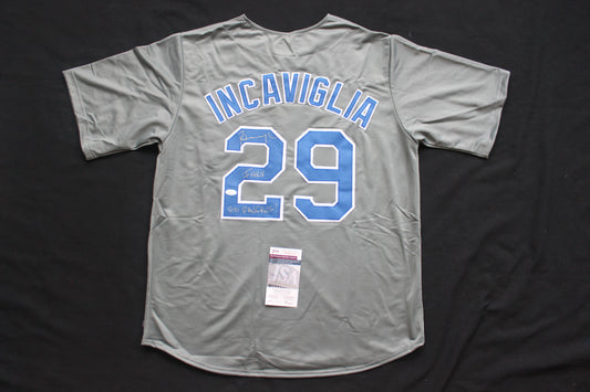PETE INCAVIGLIA RANGERS GRAY #29 "INKY" "GO RANGERS !" JSA
