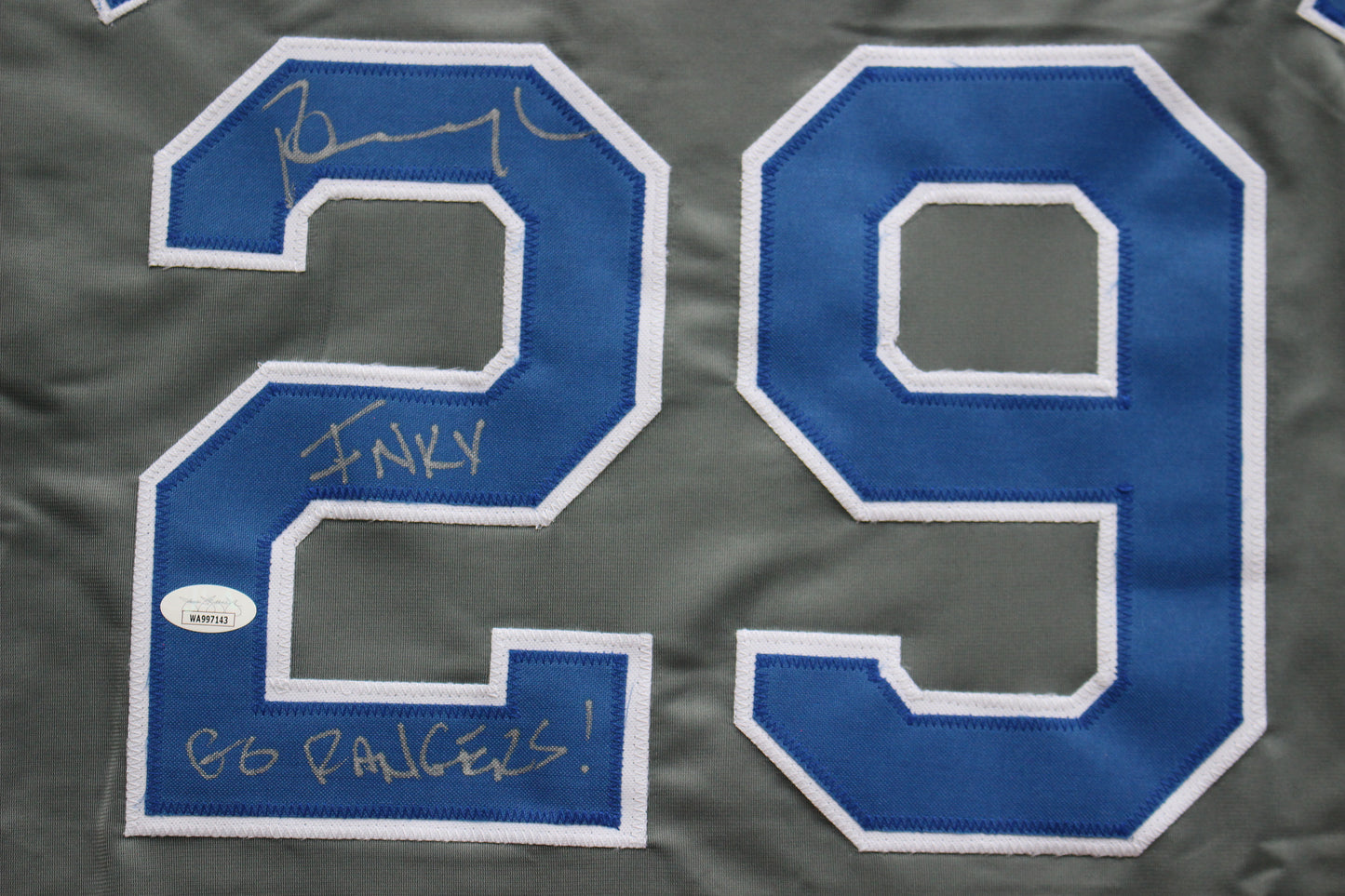 PETE INCAVIGLIA RANGERS GRAY #29 "INKY" "GO RANGERS !" JSA
