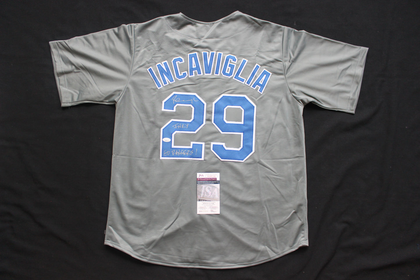 PETE INCAVIGLIA RANGERS GRAY #29 "INKY" "GO RANGERS !" JSA