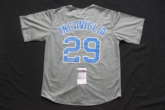PETE INCAVIGLIA RANGERS GRAY #29 "INKY" "GO RANGERS !" JSA