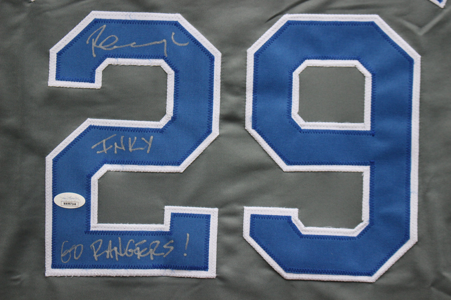 PETE INCAVIGLIA RANGERS GRAY #29 "INKY" "GO RANGERS !" JSA
