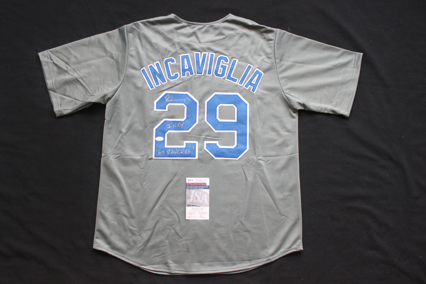 PETE INCAVIGLIA RANGERS GRAY #29 "INKY" "GO RANGERS !" JSA